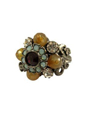 Chanel Flower Line Stone Ring CC Logo Visual Vintage Gunmetal